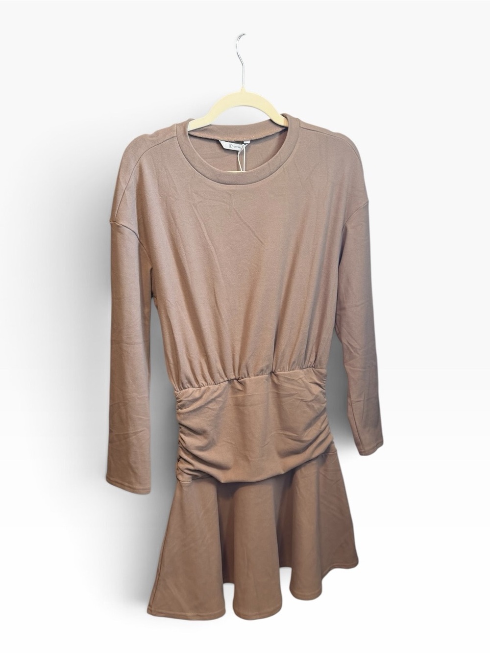 Casual Long-Sleeve Ruffle-Hem Dress in Taupe